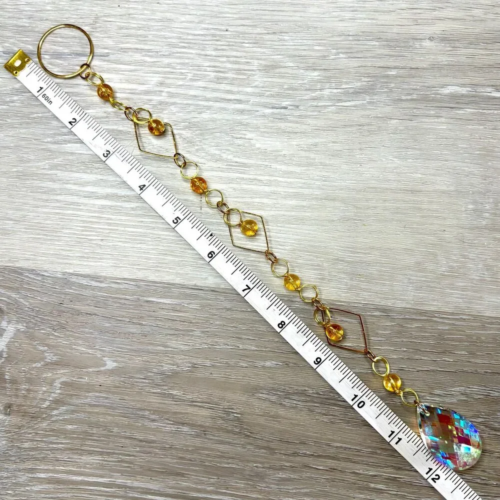 Citrine Bead Wall Hanging | Gold Diamond Frame | Aurora Borealis Teardrop Prism